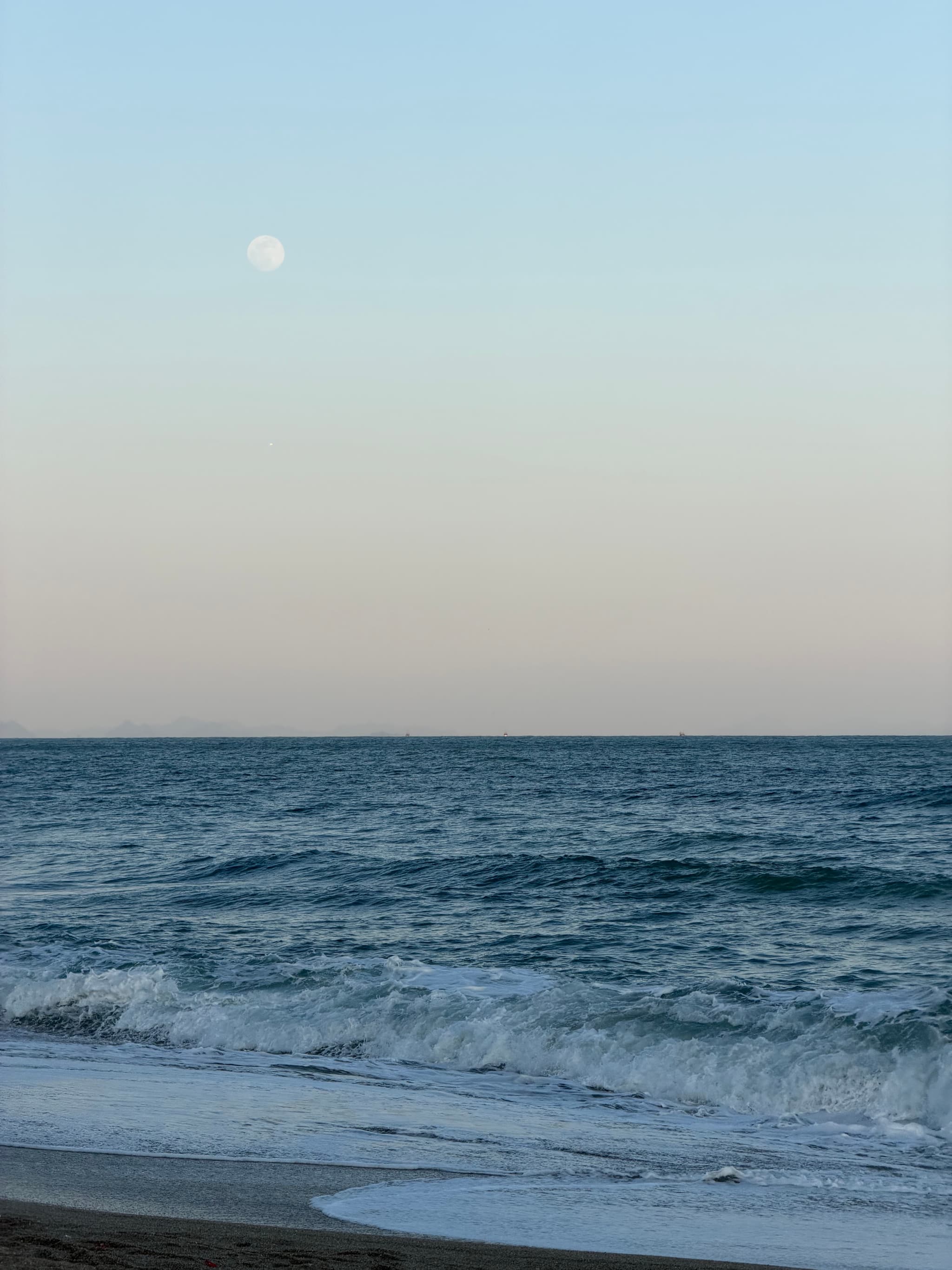 A serene beach scene with gentle waves, a pale sky, and the moon visible above the horizon