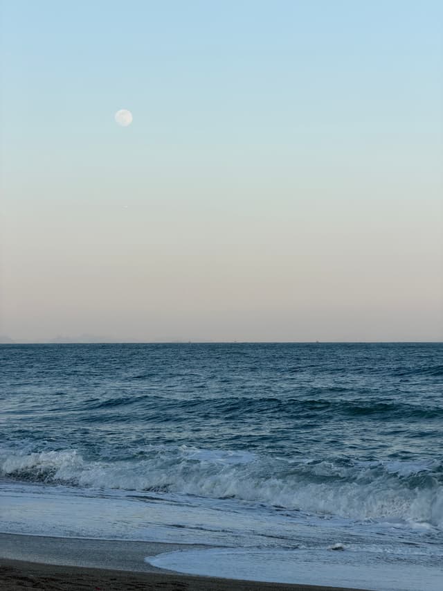 A serene beach scene with gentle waves, a pale sky, and the moon visible above the horizon